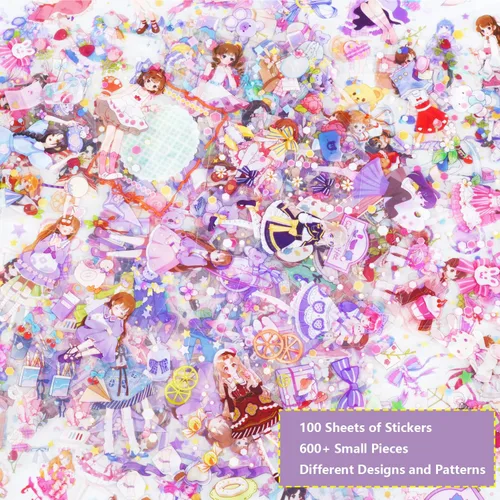 Miniatura 5 de Kawaii - Calcomanías de dibujos animados para diario, 600 unidades, 100 hojas de vinilo en caja, lindas calcomanías transparentes para diario, Chica