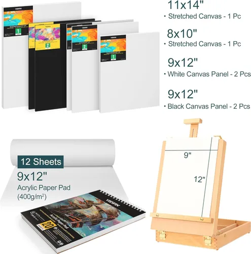 Miniatura 6 de VISWIN Juego de pintura acrílica de 51 piezas con caballete de mesa, kit de pintura con 12 pinturas acrílicas, lienzos, pinceles, paleta, bloc