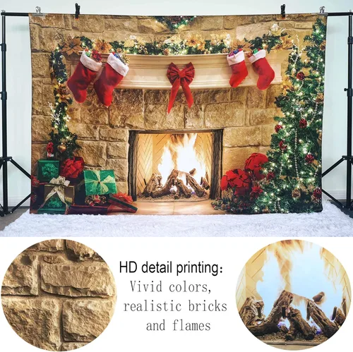 Miniatura 6 de Telón de fondo de diseño de chimenea de Navidad con decoraciones de regalos, árbol y calcetines (7 x 5 pies), suave, duradero, para sesión de fotos