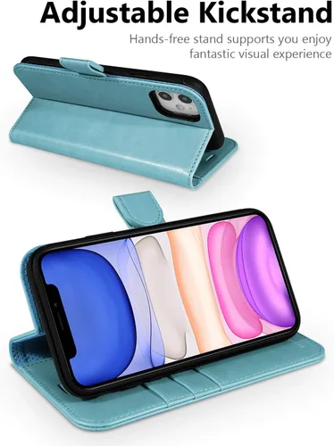 Miniatura 4 de OCASE Funda tipo cartera compatible con iPhone 11 con tarjetero y soporte para tarjetas, funda de piel sintética con función atril y cierre Verde