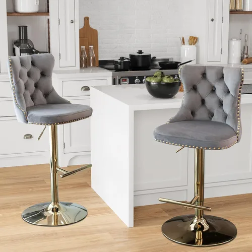 Miniatura 7 de Aoowow Juego de 2 taburetes de bar giratorios ajustables con respaldo de terciopelo copetudo, sillas de bar modernas tapizadas con cabeza de clavo