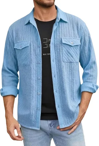 Miniatura 10 de Camisas con botones para hombre, casual, de manga larga, con cuello jacquard, texturizada, ligera, sobrecamisa, sobrecamisa