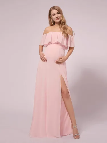 Miniatura 4 de Ever-Pretty Vestido de fiesta de embarazo con hombros descubiertos y abertura lateral larga de gasa con volantes para mujer, vestidos de fotografía