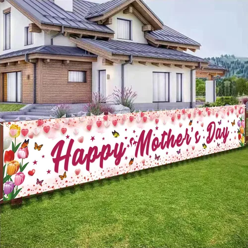 Miniatura 3 de Decoraciones para el día de la madre, pancarta de feliz día de la madre, tamaño grande, diseño floral rosa con mariposas, decoración para el día