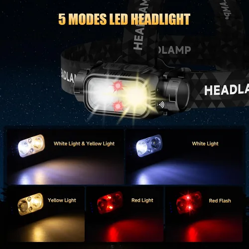 Miniatura 3 de ATDOALL Linterna frontal LED recargable, lámpara de cabeza súper brillante de alto lumen con luz roja, sensor de movimiento, 5 modos, ajustable a