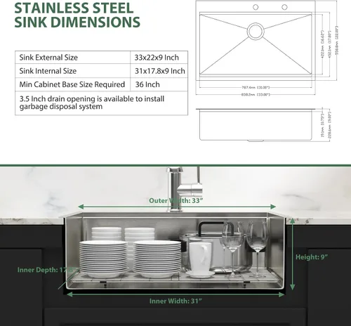 Miniatura 7 de Fregadero de Barra Dorado Con Grifo, Fregadero de Barra de Instalación 18 Pulgadas de Acero Inoxidable para Interior y Exterior, Estación de Trabajo