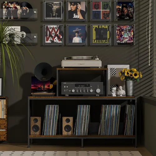 Miniatura 6 de Sonyabecca Espaciosa mesa de tocadiscos vintage – Capacidad para 150 – 250 álbumes de vinilo, divisores ajustables, áreas de visualización lateral