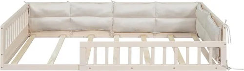 Miniatura 7 de Cama de plataforma de tamaño matrimonial con valla, plataforma tapizada de madera con barandilla y almohada, color beige