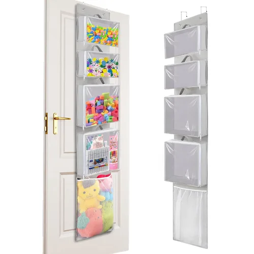 Woodoulogy Organizador y almacenamiento para colocar sobre la puerta, soporte de juguetes colgante con 4 bolsas extraíbles transparentes, funda de
