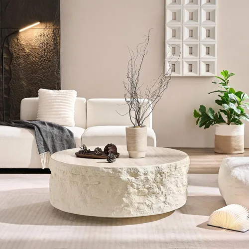 Ø35.43'' Mesa de café redonda para sala de estar, moderna mesa de café en forma de tambor, material de fibra de vidrio, sin ensamblaje, beige