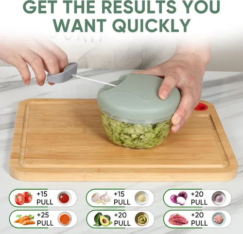 Miniatura 3 de Picador de alimentos manual, picador de ajo con contenedor, cortador de cocina de verduras, procesador de alimentos de mano con cuerda de tracción