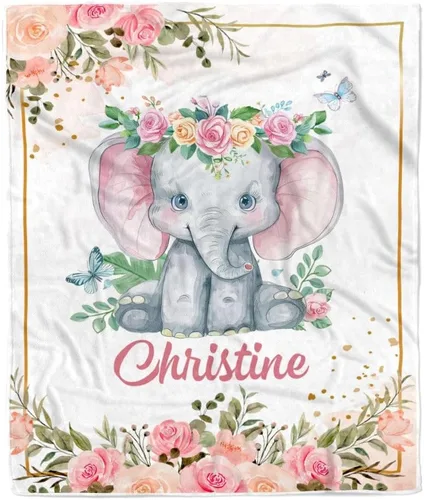 Manta de bebé personalizada con nombre, linda flor de elefante, recién nacido, niña, niños, hija, multicolor 507