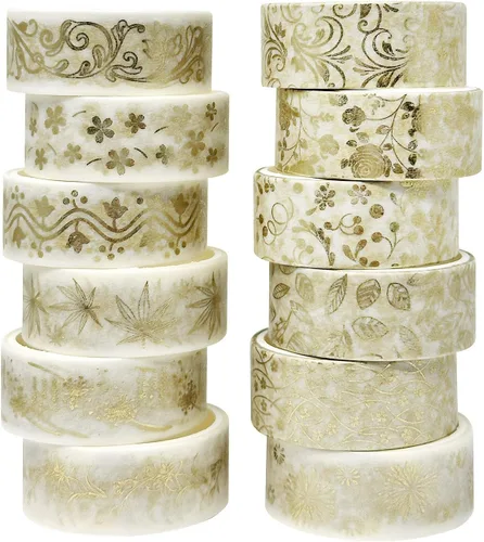 allydrew Elegante caja de cinta washi de lámina dorada para artes y manualidades, álbumes de recortes, papelería, diario (12 rollos), floral dorado