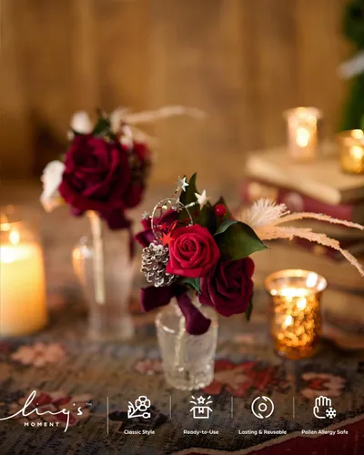 Miniatura 2 de Ling's moment Flores Artificiales 50 Pzas Rosas Rojas Kentucky Decoración con Tallos, 3" Tacto Real DIY Espuma Floral para Ramo de Boda/Centros