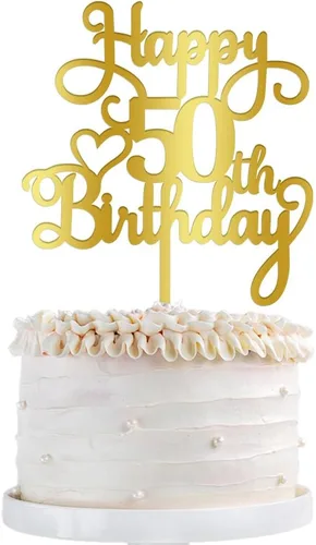 Decoración de pastel de feliz cumpleaños 50, decoración acrílica dorada de doble cara, para decoración de pasteles de feliz cumpleaños 50,