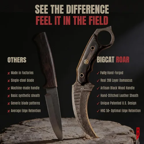 Miniatura 2 de BIGCAT ROAR Desert Fox - Cuchillo karambit de acero de Damasco hecho a mano de 7.5 pulgadas - Hoja fija curvada de espiga completa - Mango de madera