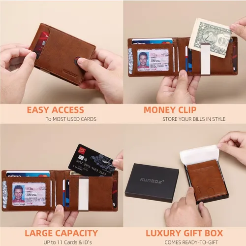 Miniatura 109 de RUNBOX - Carteras delgadas para hombre, cartera de piel con pinza para el dinero, cartera de bolsillo frontal con bloqueo RFID, tarjetero