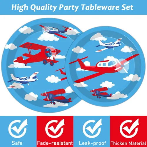 Miniatura 3 de Juego de 96 platos de fiesta de avión, servilletas, vajilla de avión, suministros para fiesta de cumpleaños, vajilla de papel desechable
