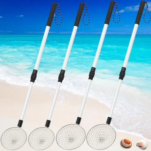 Roshtia 4 Pcs Beach Sand Sifter Set, Adjustable Long Handle Shell Scoop, Shark Tooth Sifter Mesh Shovel for Family Seashell Collecting, Sea Glass