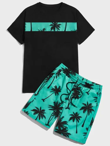 Miniatura 5 de SOLY HUX Conjunto de 2 piezas para hombre con estampado gráfico de letras, camiseta de manga corta y pantalones cortos con cordón en la cintura