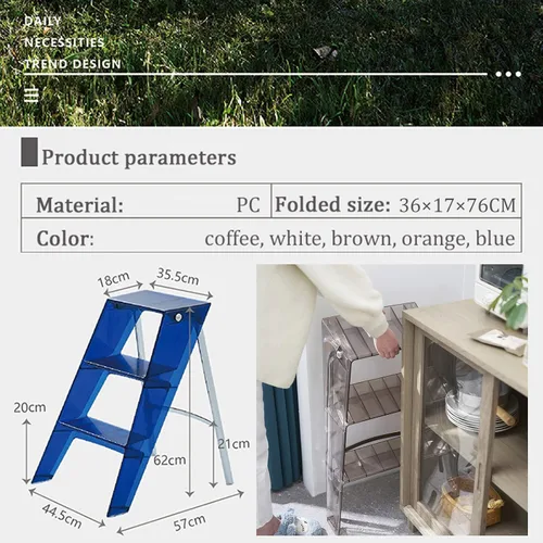 Miniatura 7 de Taburete de escalera de 3 escalones, escalera transparente, multifuncional, plegable, de acrílico, para el hogar, varios colores, escalera plegable