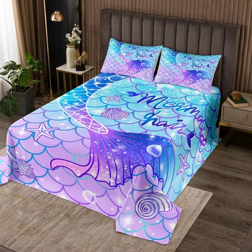 Miniatura 7 de Feelyou Colcha de sirena tamaño individual para niños y niñas, diseño de arco iris, colorido, cola de sirena, juego de ropa de cama impresa, lindo