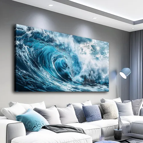 Miniatura 11 de ERQINHUA Gran decoración de pared para sala de estar, arte de pared en lienzo para restaurante, decoraciones para oficina, pinturas de mar azul