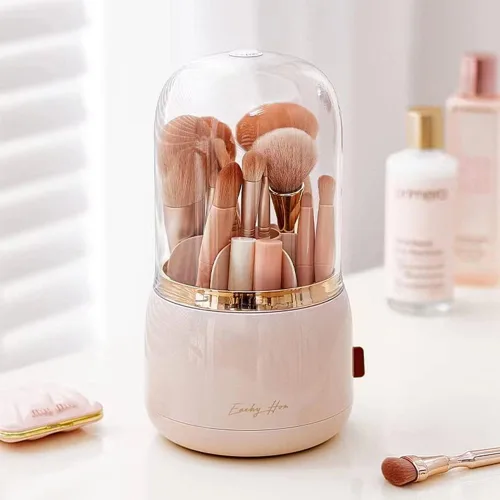 Organizador de brochas de maquillaje rosa con tapa giratoria de 360 grados [2023] Organizador de brochas de cosméticos transparente para tocador,