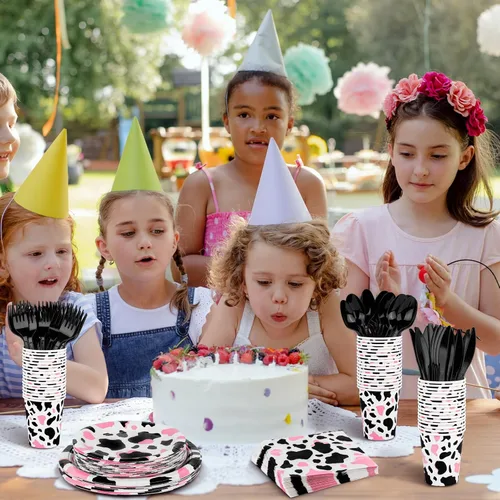 Miniatura 6 de Durony 350 piezas juego de vajilla de fiesta rosa con estampado de vaca que incluye platos, tazas, servilletas, cuchillos, tenedores, cucharas