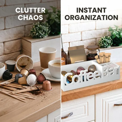 Miniatura 3 de Organizador de Barra de Café para Encimera – Caddy de Estación de Café de Madera con Compartimentos para Cápsulas, Condimentos, Té y Accesorios