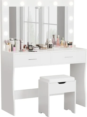 Miniatura 16 de Furmax - Escritorio de tocador con espejo, luces LED y toma de corriente, mesa de maquillaje con 7 cajones y 6 estantes de almacenamiento, mesa