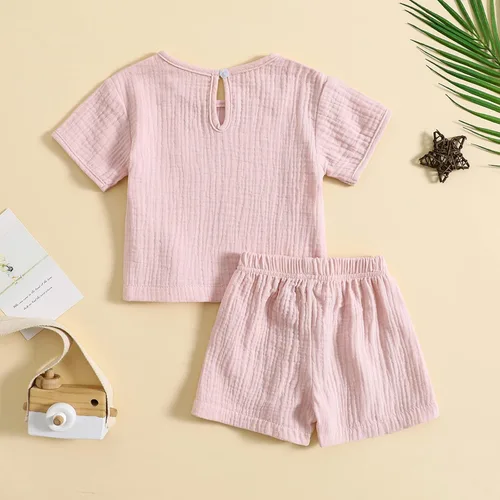 Miniatura 3 de Conjunto de 2 piezas de camiseta de algodón y lino de manga corta y pantalones cortos elásticos, 2 piezas, ropa casual de verano