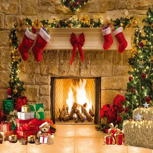 Miniatura 9 de CHAIYA Fondos de fotografía de Navidad de 7 x 5 pies con temática de chimenea de Navidad, suministros para fiestas de Navidad, fondo de fotos