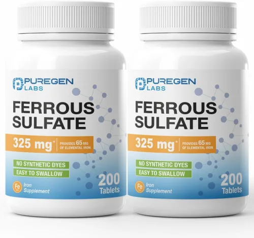 Puregen Labs - Suplemento de hierro de alta potencia con sulfato ferroso de 325 mg (65 mg de hierro elemental), sin aditivos de color artificial,