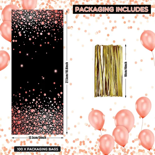 Miniatura 2 de 100 bolsas de celofán de color negro y oro rosa de 10.8 x 5 pulgadas, bolsas de plástico para fiestas, bolsas de dulces con 100 lazos dorados