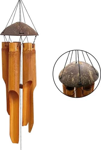 Miniatura 2 de Campanas de viento hechas a mano, 5 tubos de campana de bambú, parte superior de madera de coco, campanillas de madera de tono bajo y profundo
