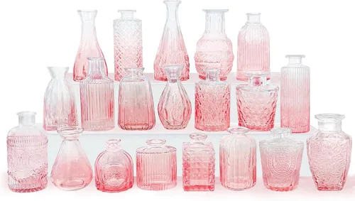 Juego de jarrones de vidrio rosados en miniatura vintage de 20 - pequeños jarrones para decoraciones de bodas, decoración de flores de mesa para