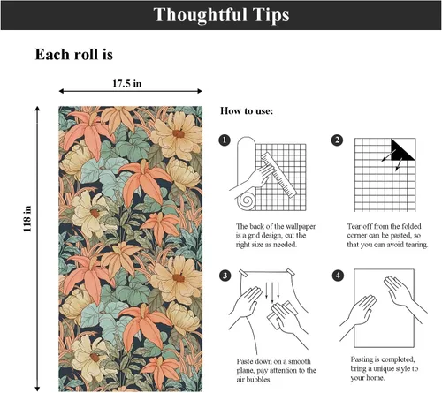 Miniatura 7 de Laatse Papel Tapiz Floral Despegar y Pegar, Papel Tapiz Vintage de Peonías y Margaritas, Papel de Contacto Floral Autoadhesivo Mural de Pared