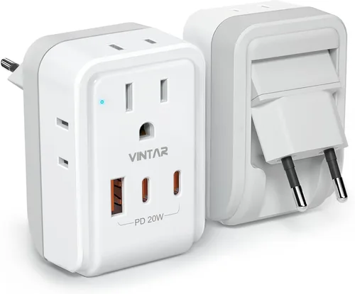 Miniatura 7 de VINTAR - Paquete de 1 adaptador de enchufe de viaje europeo, enchufe de alimentación internacional plegable con 2 salidas de CA, 3 puertos USB