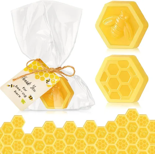 Juego de 12 recuerdos de fiesta de abejas para baby shower, incluye jabón de panal con tarjeta de agradecimiento, jabón de miel para invitados