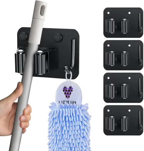 Miniatura 10 de JAMEND CLXP Paquete de 2 soportes para escobas con ganchos resistentes, colgador de fregona de acero inoxidable mejorado. Estante de herramientas
