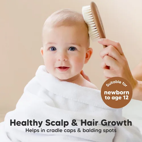 Miniatura 3 de Cepillo de madera para el pelo del bebé para niñas y niños, cepillo de cuna para bebés, cerdas suaves de cabra, peine perfecto para el cuero Nogal
