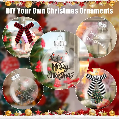 Miniatura 4 de Yookeer 64 discos de plástico para adornos navideños, bolas de plástico iridiscentes transparentes rellenables con tapa plateada y lazos a cuadros