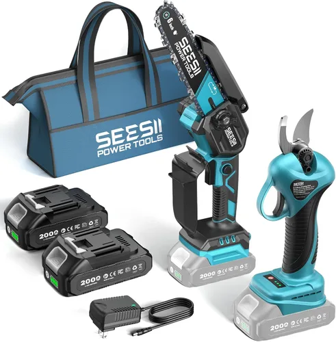 Miniatura 14 de Seesii Mini motosierra, mini motosierra de 6 pulgadas, inalámbrica, de mano, con 2 baterías, para cortar árboles, cortar madera, el mejor regalo Azul