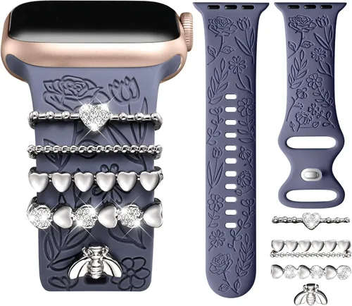 Miniatura 22 de DaQin Banda con Flor Grabada Compatible con Apple Watch, Bandas de 44mm, 42mm, 45mm, 46mm para Mujeres, Correa de Silicona Suave con Decoración