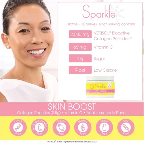 Miniatura 6 de Sparkle Skin Boost Acai Lemonade (paquete de 3) Verisol Péptidos de Colágeno Proteína en Polvo Vitamina C Suplemento Bebida