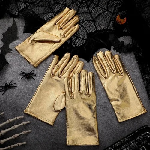 Miniatura 6 de Jiuguva 5 pares de guantes metálicos para disfraz de Halloween, cortos, brillantes, de princesa, elásticos, para mujeres, niños, fiesta, Halloween