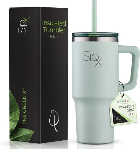 Miniatura 8 de SipX™ Vaso aislado de 30 onzas con asa y pajita, acero inoxidable aislado al vacío, a prueba de fugas, apto para portavasos - Perfecto para café