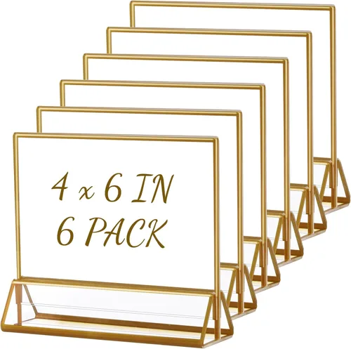 Boxalls Portarretratos acrílicos de 4 x 6 pulgadas, color dorado, paquete de 6 portarretratos para mesa de boda, soporte horizontal para fotos de