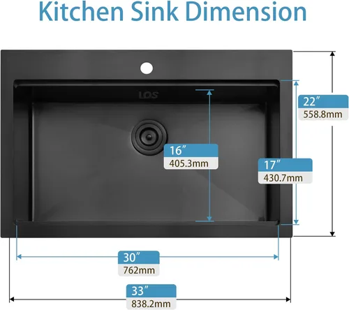 Miniatura 5 de LQS Fregadero de cocina negro con caída de 33 x 22 pulgadas, fregadero de acero inoxidable calibre 16, fregadero profundo y grande con estación